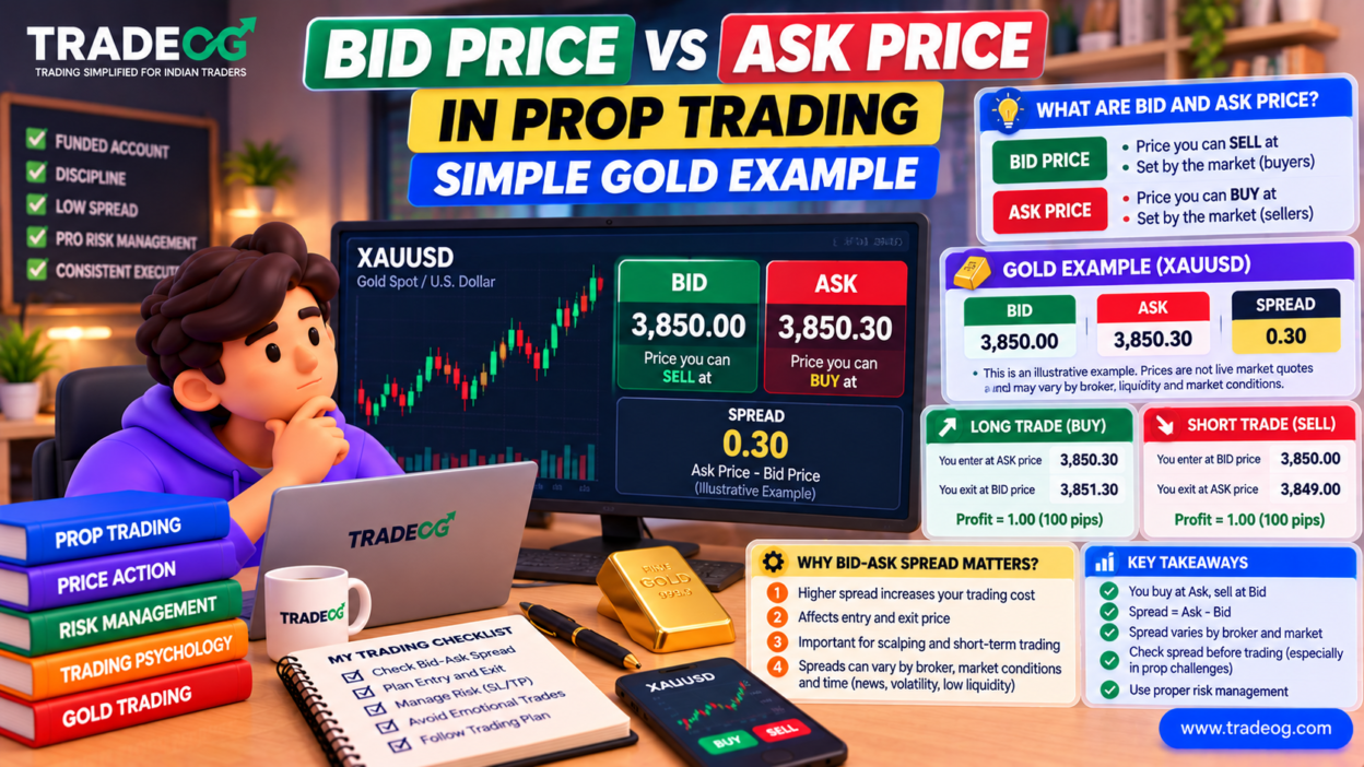 3D TradeOG infographic explaining bid price vs ask price in prop trading with an XAUUSD gold example