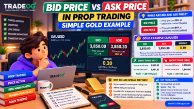 3D TradeOG infographic explaining bid price vs ask price in prop trading with an XAUUSD gold example