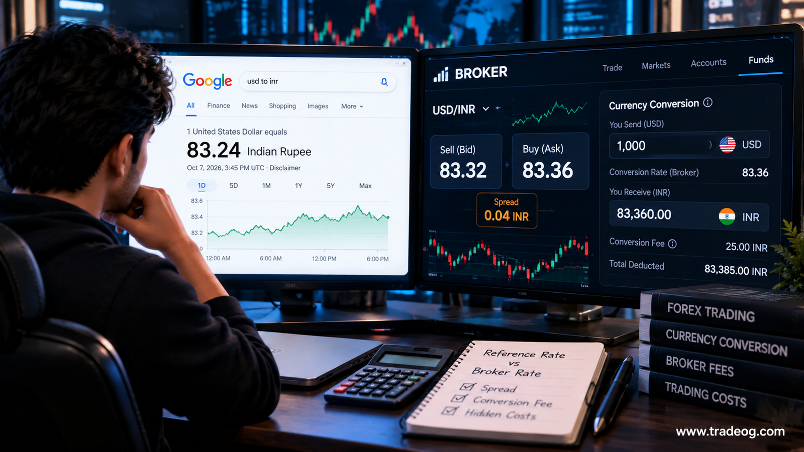 Trader comparing Google exchange rate with a broker USD INR conversion rate, spread and currency conversion fee
