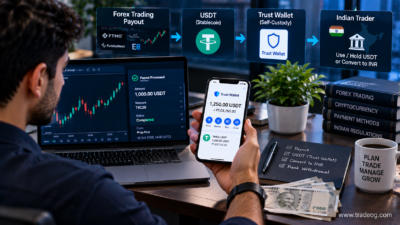 Indian trader receiving a forex payout in USDT through Trust Wallet with a crypto wallet, trading account and INR conversion workflow