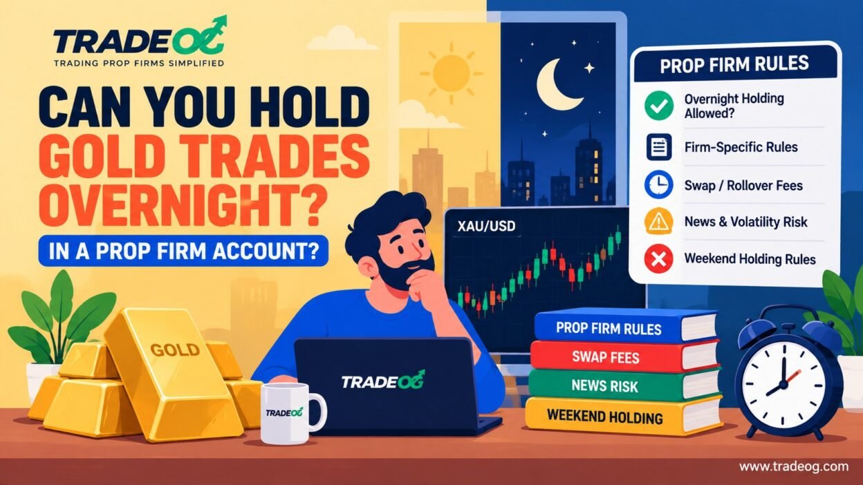 Can you hold gold trades overnight in a prop firm account showing XAUUSD, overnight holding and prop firm rules