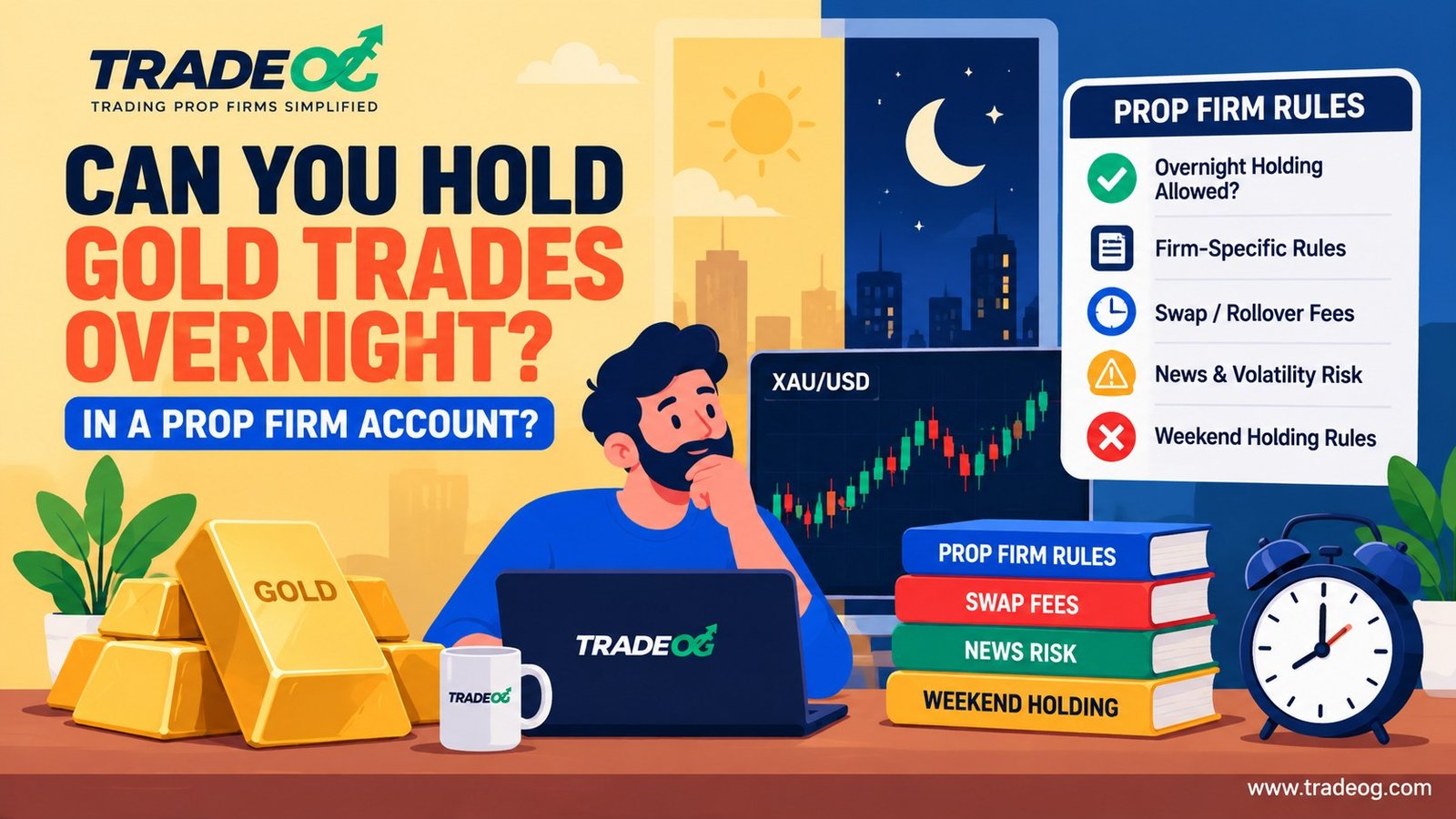 Can you hold gold trades overnight in a prop firm account showing XAUUSD, overnight holding and prop firm rules