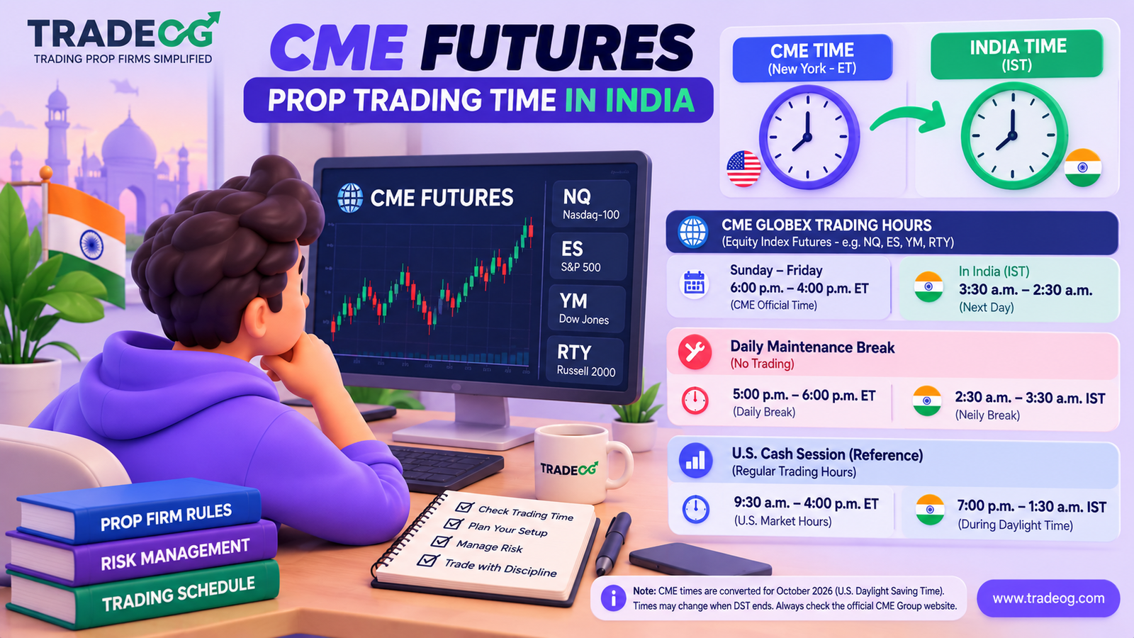 3D pastel infographic showing CME futures trading hours converted from New York time to India IST