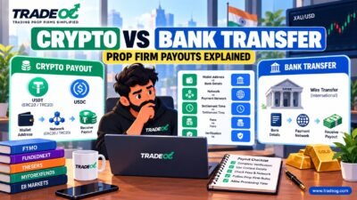 Crypto vs bank transfer for prop firm payouts showing USDT and international bank transfer processes