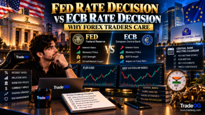 Premium cinematic illustration comparing Fed and ECB rate decisions and their impact on forex traders