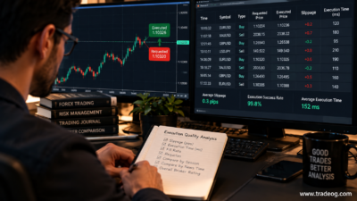 Trader comparing forex trade history, requested and executed prices, slippage, and execution times on trading monitors