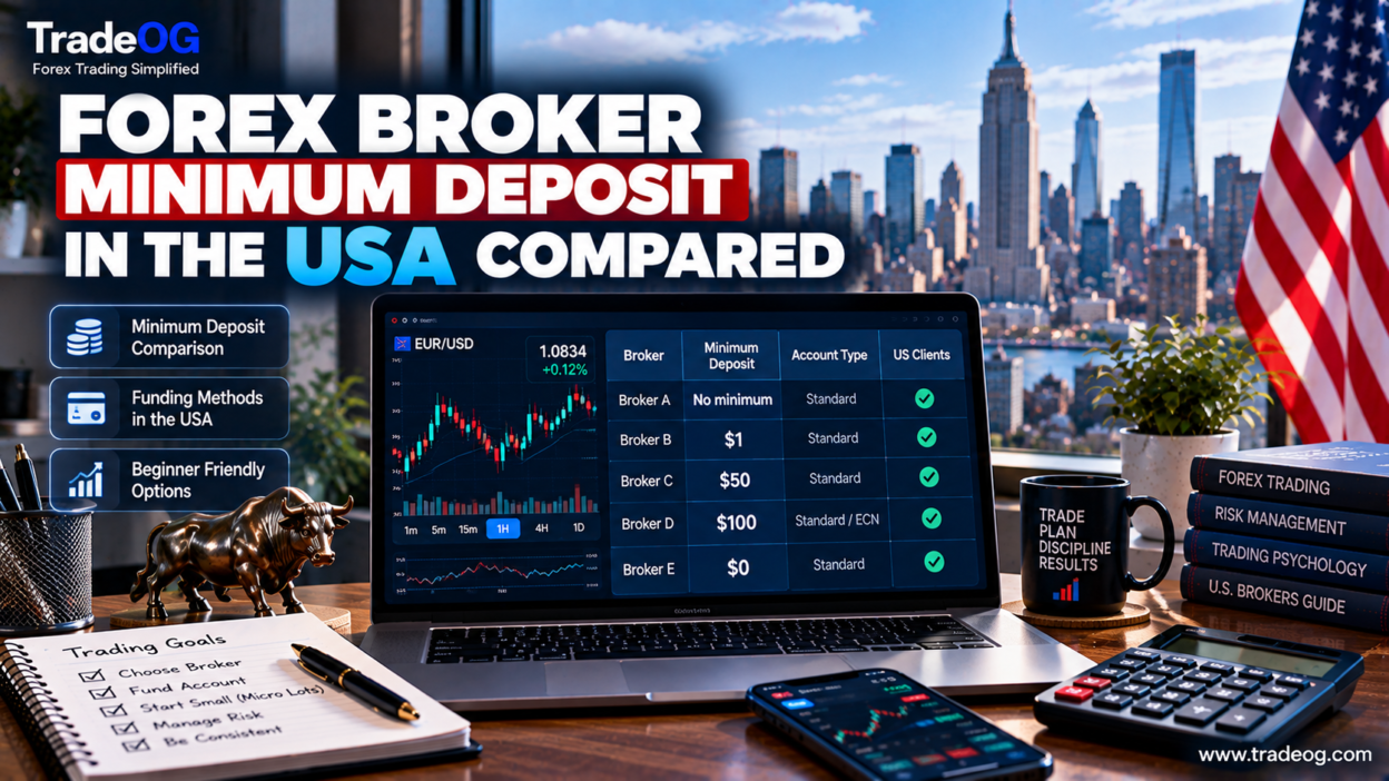 Forex broker minimum deposit comparison for U.S. traders showing broker funding amounts and forex charts