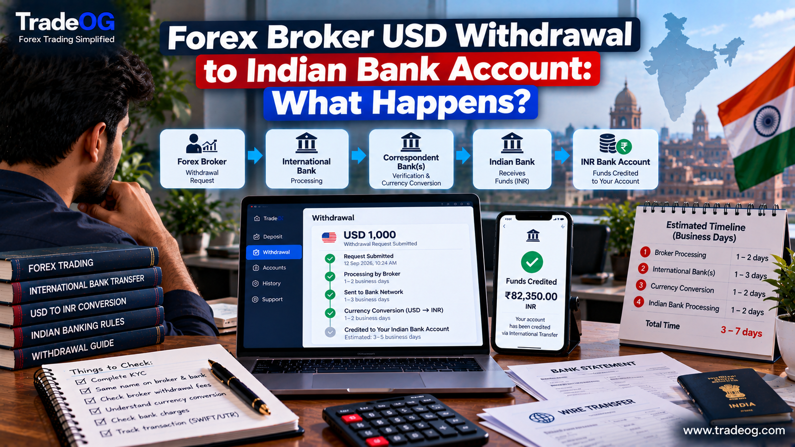 USD forex broker withdrawal to an Indian bank account showing international banks, currency conversion and INR credit