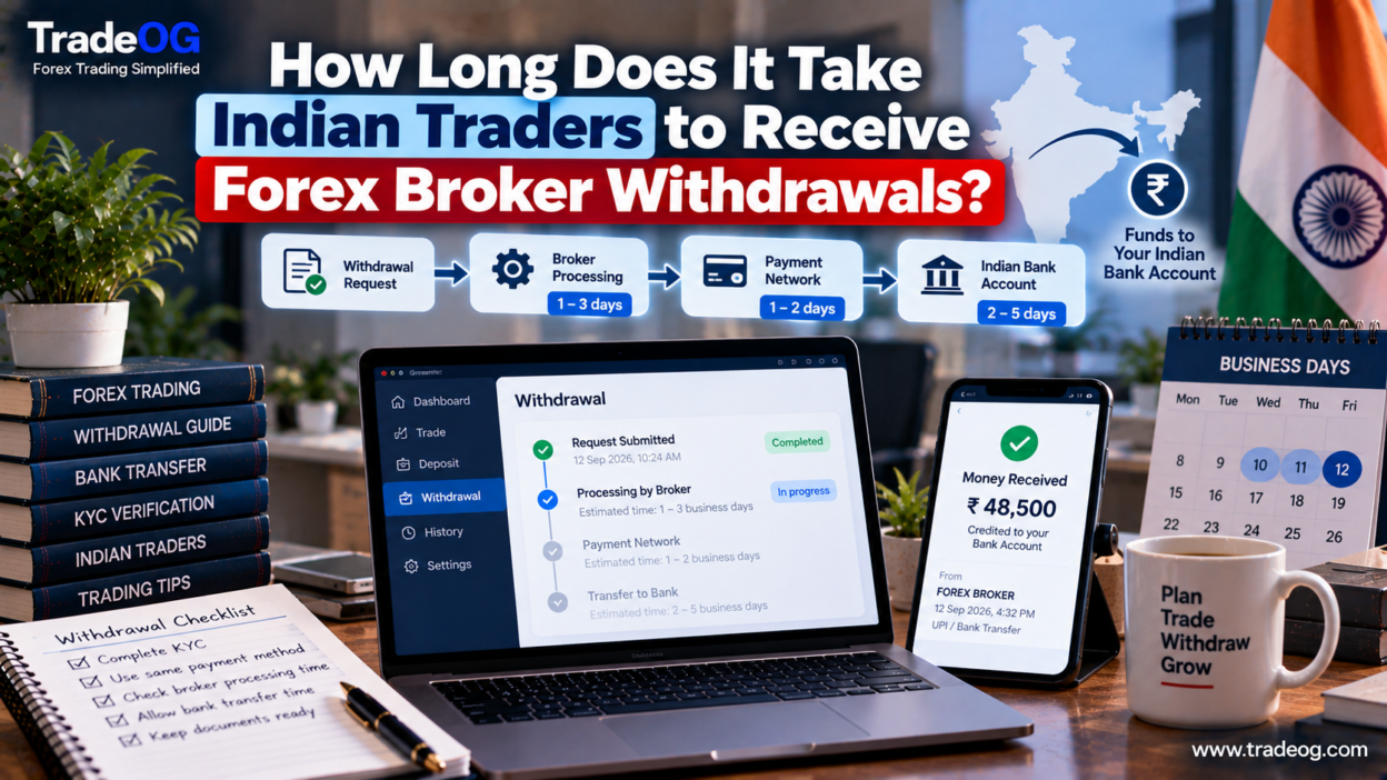Forex broker withdrawal timeline for Indian traders showing broker processing, payment network and Indian bank credit