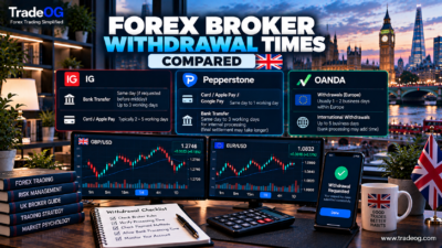 Forex broker withdrawal times compared for UK traders showing IG Pepperstone and OANDA withdrawal processing times