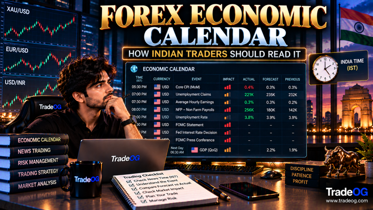 Premium cinematic illustration of an economic calendar showing Forex news times in IST for Indian traders