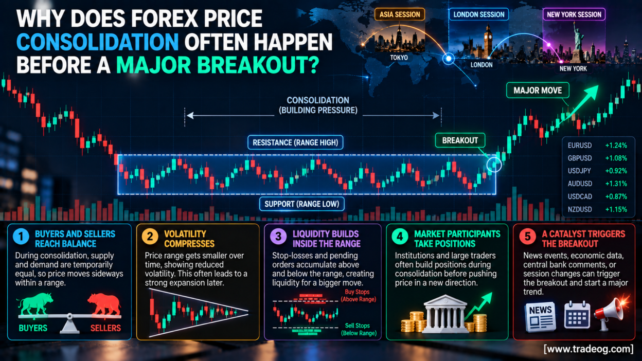 Forex price consolidation showing support, resistance, compressed volatility, liquidity and a major breakout