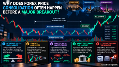 Forex price consolidation showing support, resistance, compressed volatility, liquidity and a major breakout