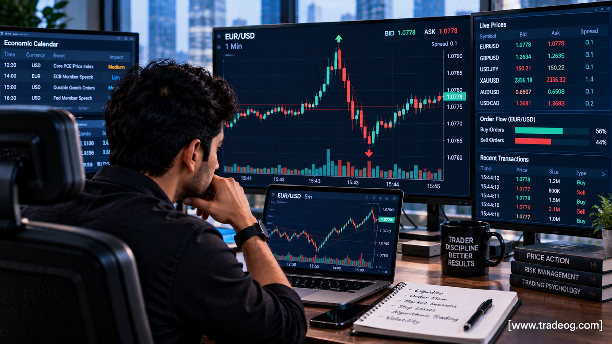 Forex trader watching EUR/USD reverse direction within seconds as liquidity and order flow change