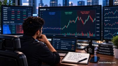Forex trader watching low volatility during quiet market hours on EUR/USD chart