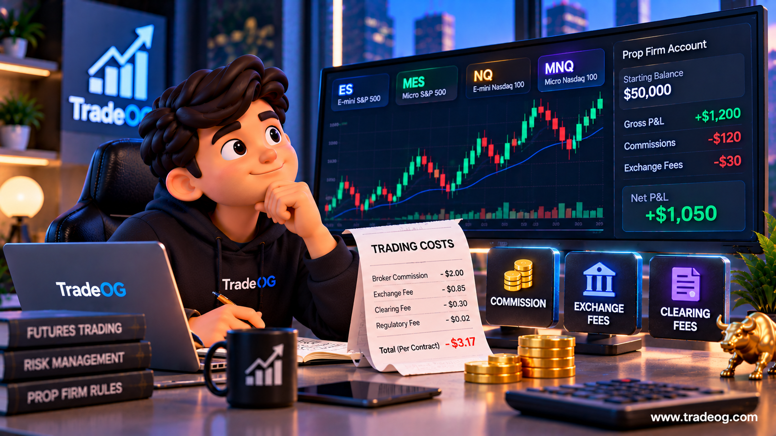 3D illustration showing futures commission costs and trading fees affecting a prop firm account