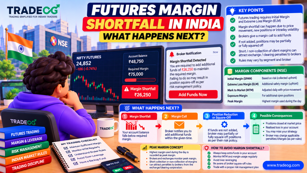 3D TradeOG infographic explaining futures margin shortfall in India, margin calls and broker square-off