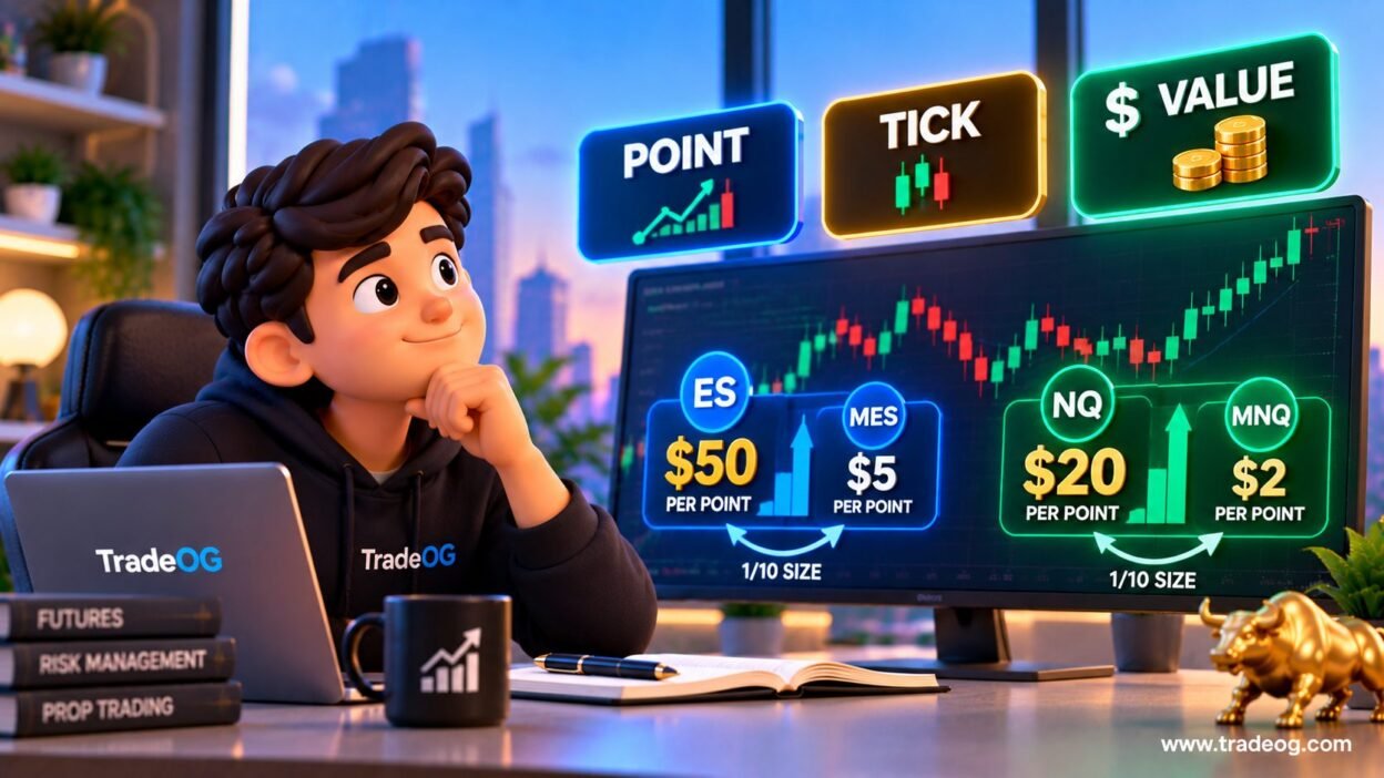 3D illustration explaining futures point value, tick value and dollar value for prop traders