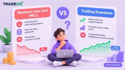 3D clay illustration comparing futures prop firm maximum loss limit MLL and trailing drawdown