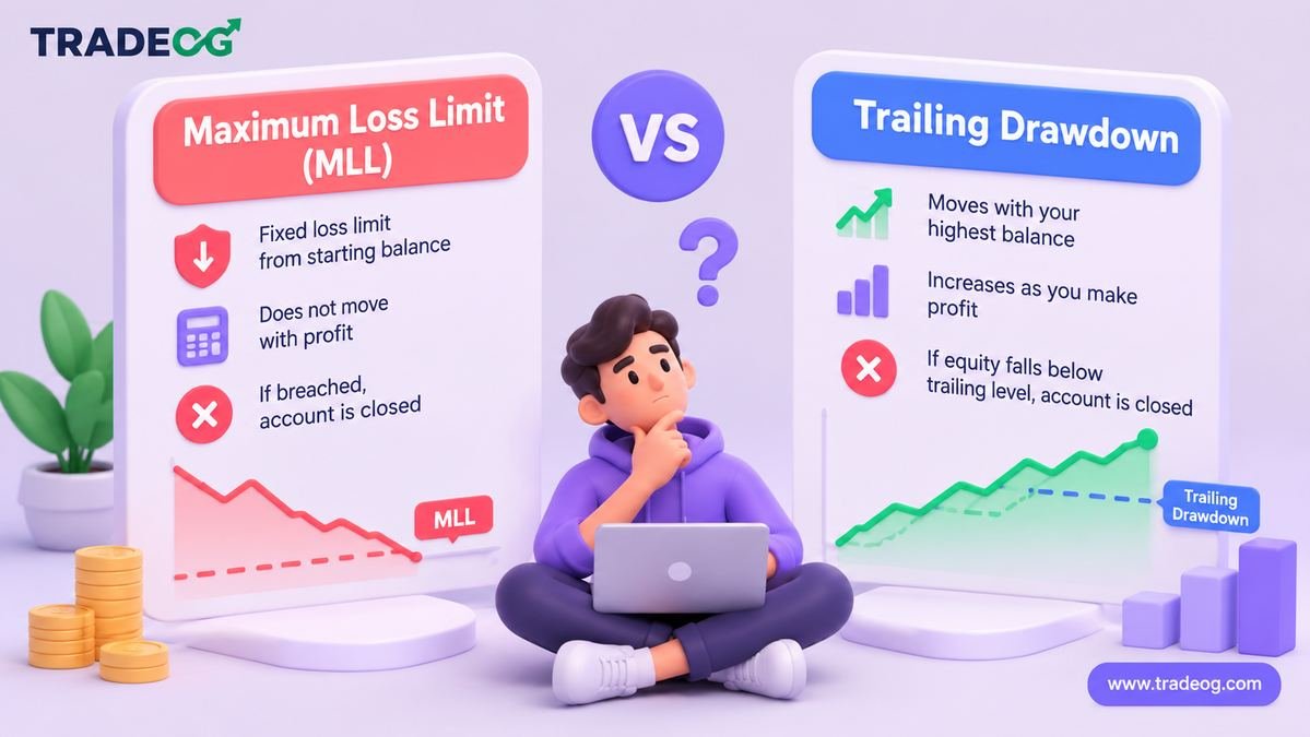 3D clay illustration comparing futures prop firm maximum loss limit MLL and trailing drawdown