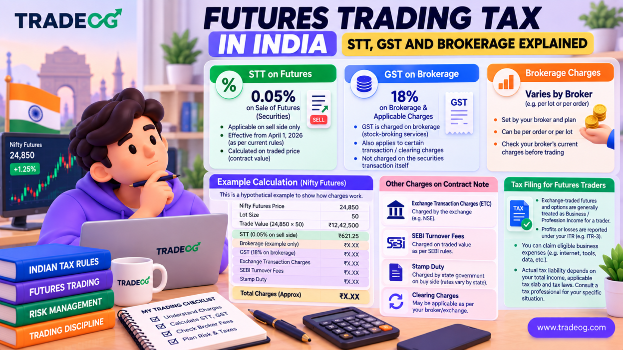 3D pastel infographic explaining futures trading tax in India including STT GST brokerage and other charges