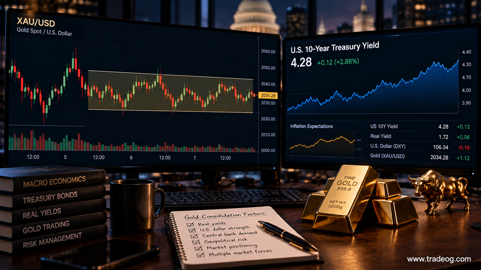 Gold XAU/USD consolidating while U.S. Treasury yields move on a realistic trading desk