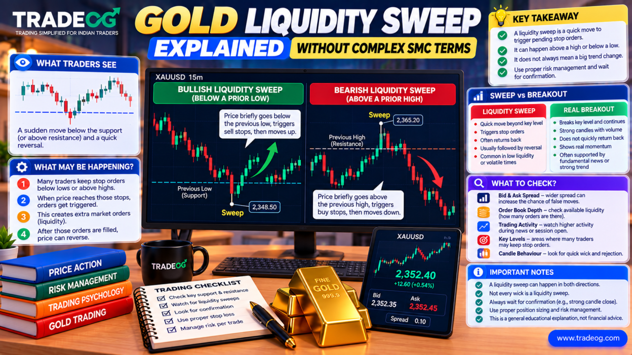 TradeOG 3D infographic explaining gold XAUUSD liquidity sweeps above highs and below lows