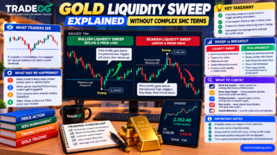 TradeOG 3D infographic explaining gold XAUUSD liquidity sweeps above highs and below lows
