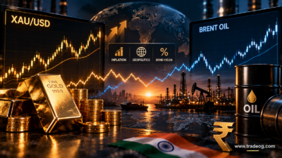 Gold and crude oil correlation showing XAU/USD, Brent oil, inflation and market drivers for Indian traders