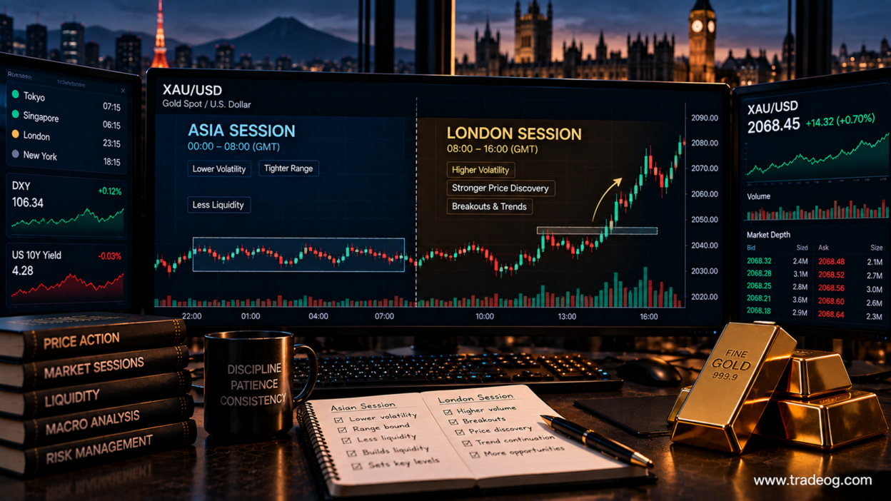 Gold price discovery changing between Asian and London sessions on a realistic XAU/USD trading desk