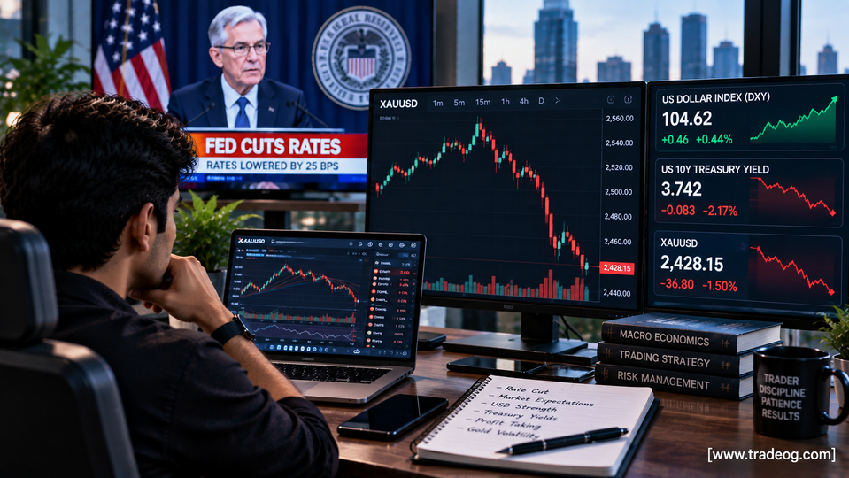 Gold price falling after a Federal Reserve rate cut announcement with XAU/USD, DXY and US Treasury yield screens