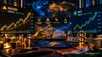 Gold rising with a stronger US dollar showing XAU/USD, DXY, real yields, safe haven demand and central bank buying