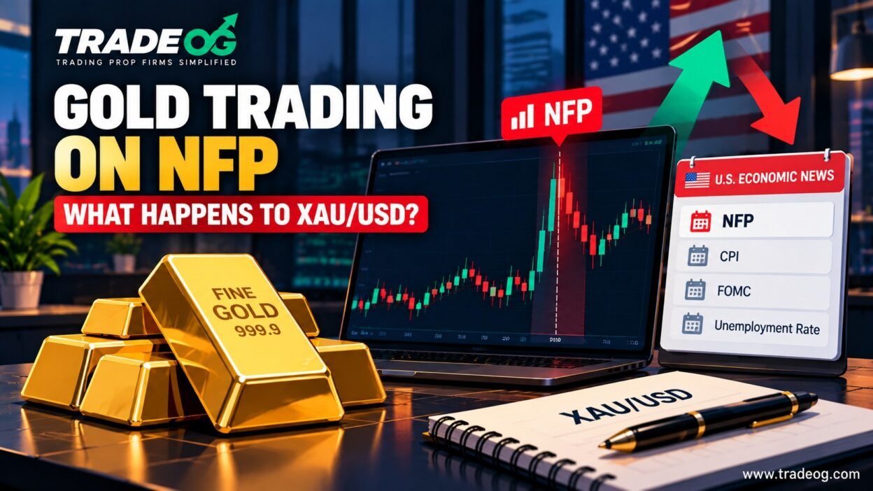 Gold trading on NFP showing full-frame XAU/USD volatility and U.S. economic news