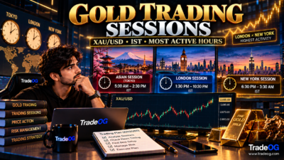 Premium cinematic illustration of gold trading sessions in IST showing Asian, London and New York sessions for XAU/USD