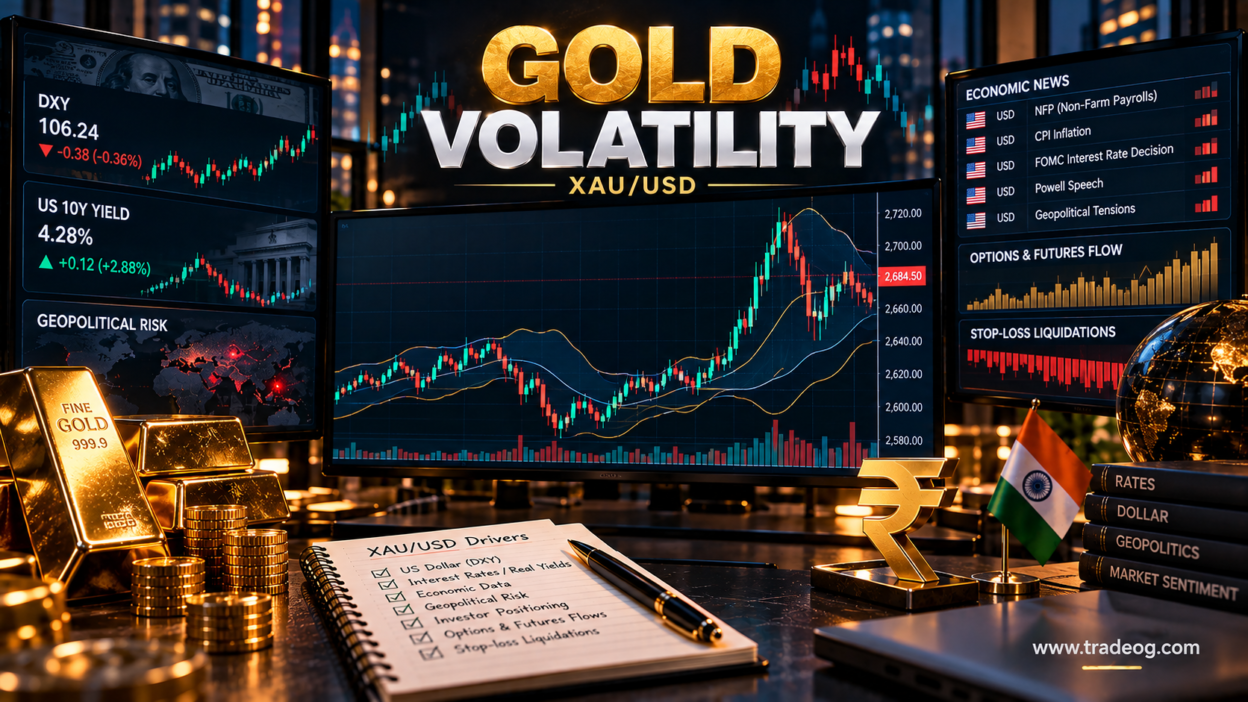 Gold volatility explained with XAU/USD chart, dollar, US yields, economic news and geopolitical risk