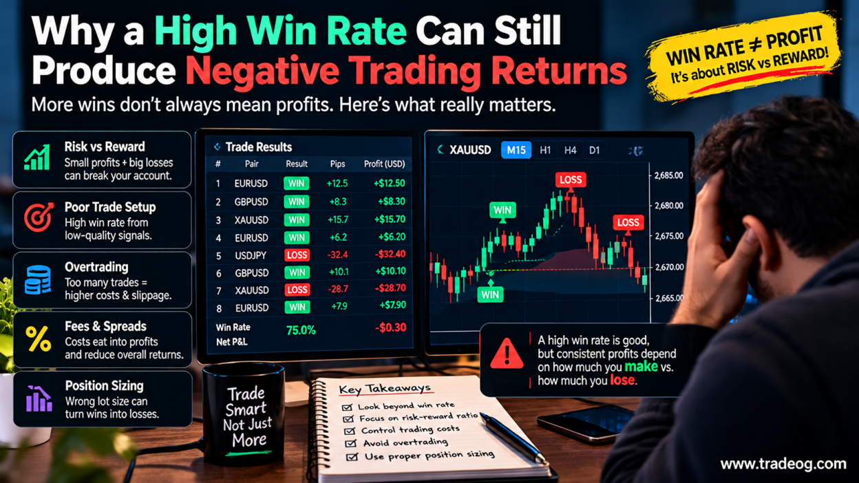 Forex trading infographic showing a high win rate alongside negative net results due to risk reward, losses, trading costs and position sizing