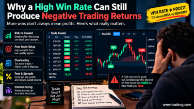 Forex trading infographic showing a high win rate alongside negative net results due to risk reward, losses, trading costs and position sizing
