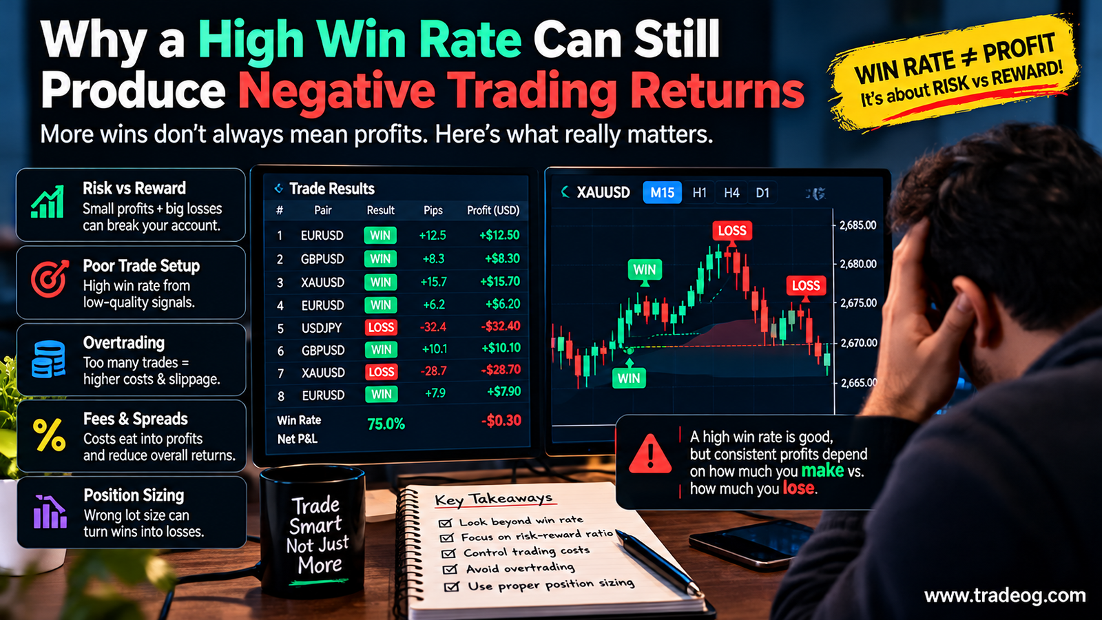 Forex trading infographic showing a high win rate alongside negative net results due to risk reward, losses, trading costs and position sizing