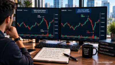 Realistic forex trading workspace comparing historical charts before and after a data update