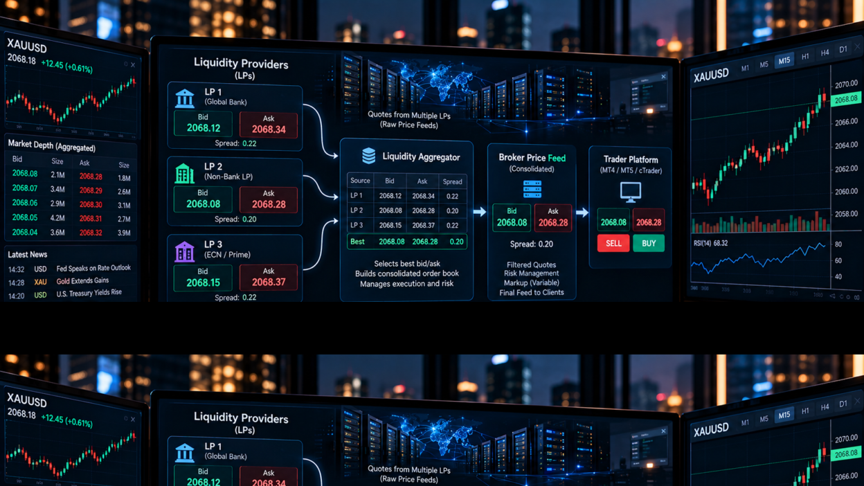 How broker price feeds are built from multiple liquidity providers and delivered to a trading platform