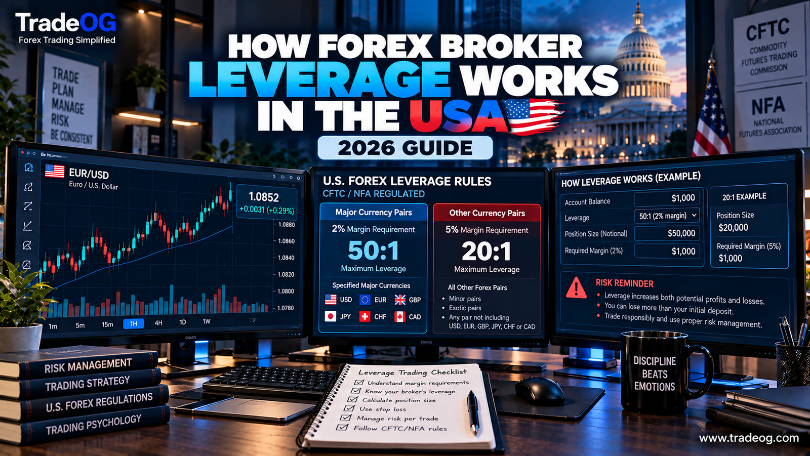 How forex broker leverage works in the USA showing 50 to 1 and 20 to 1 leverage, margin requirements and risk