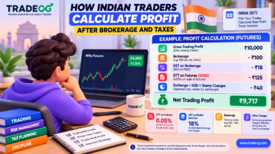3D pastel infographic showing how Indian traders calculate net trading profit after brokerage and taxes