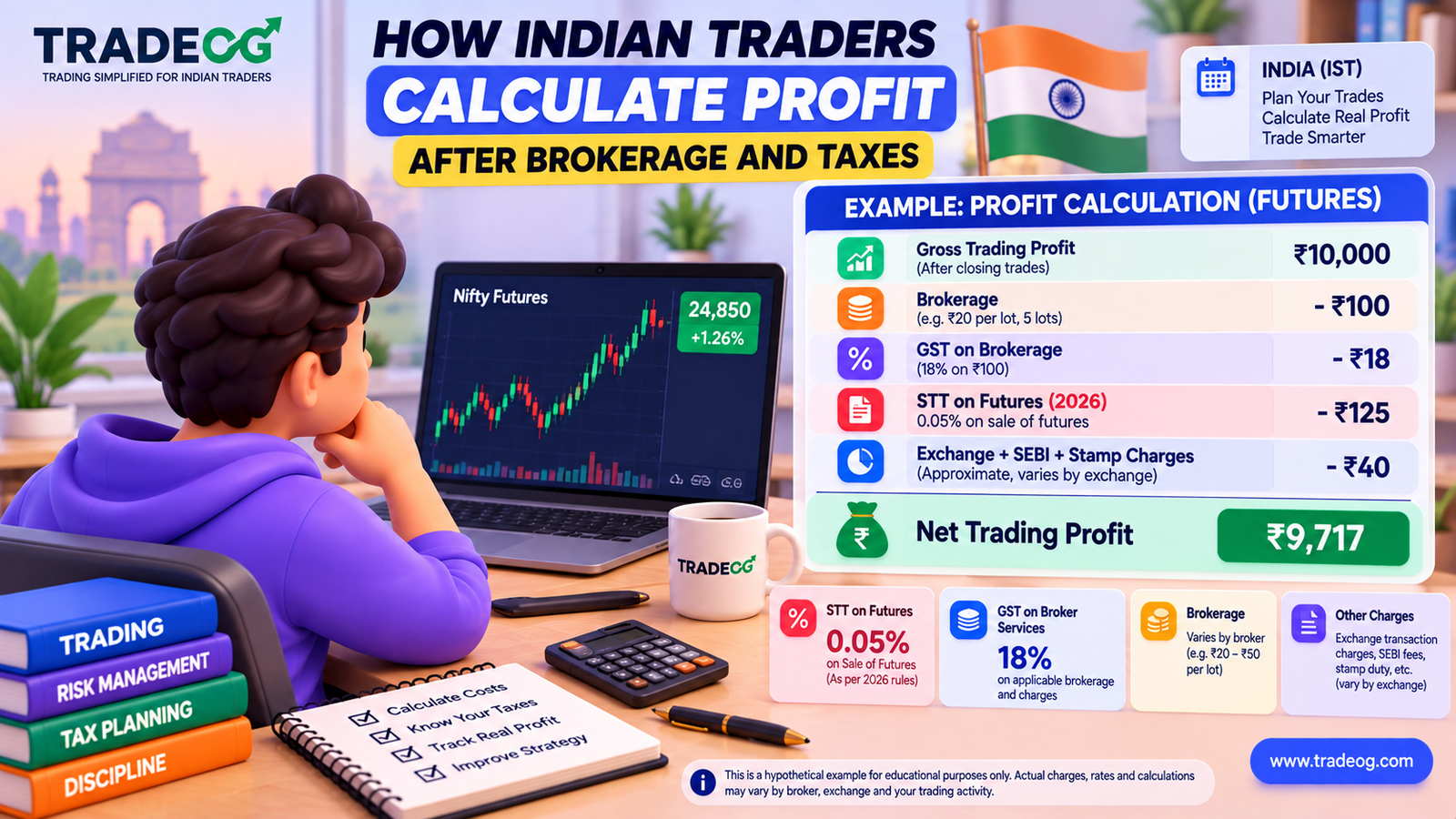 3D pastel infographic showing how Indian traders calculate net trading profit after brokerage and taxes