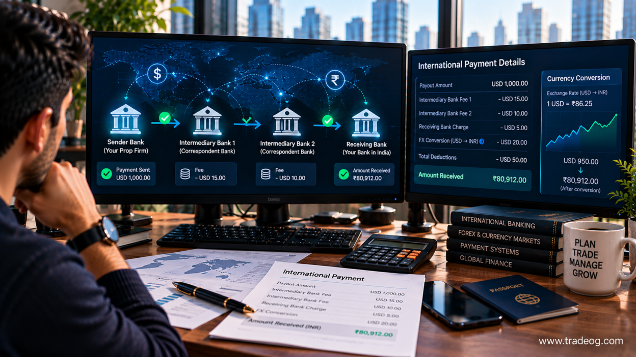 Trader reviewing an international payment moving through intermediary banks before reaching an Indian bank account
