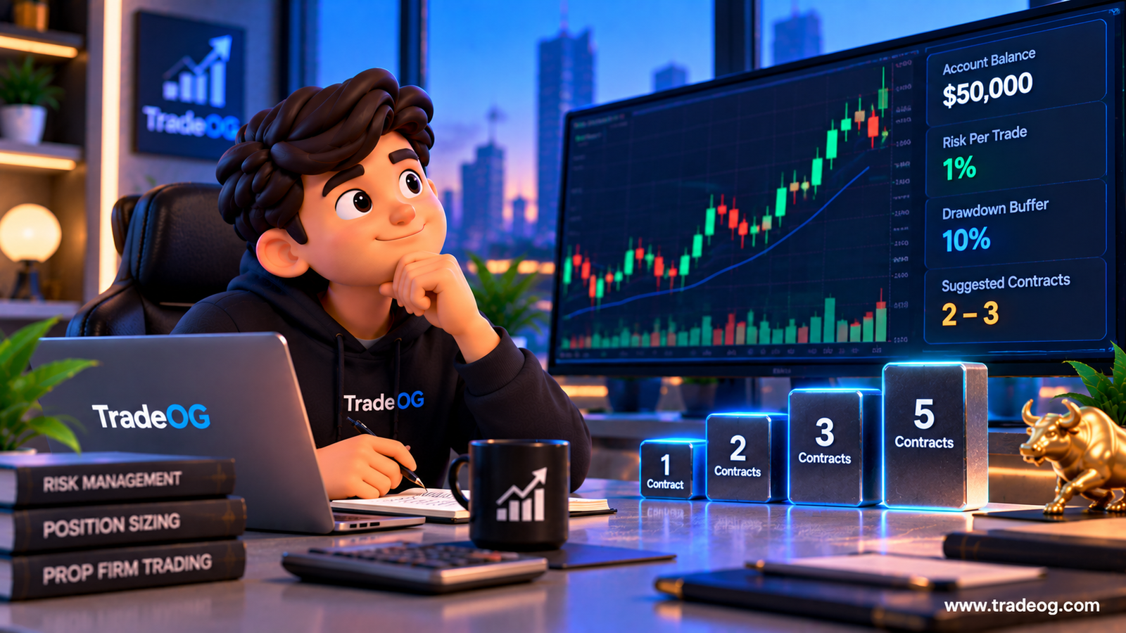 3D illustration showing futures contract position sizing and risk management for prop traders
