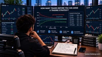 Trader evaluating trading strategy performance using sample size, win rate, drawdown and expectancy