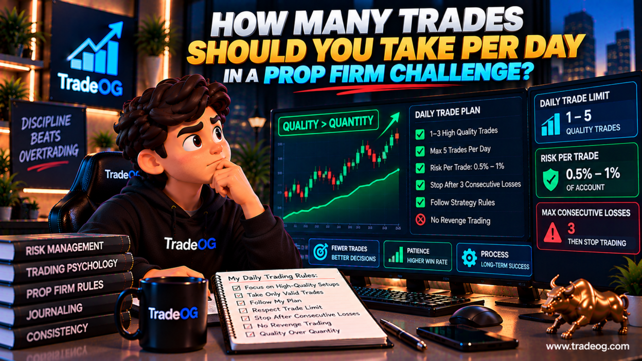 3D illustration showing daily trade limits, risk management and disciplined trading in a prop firm challenge