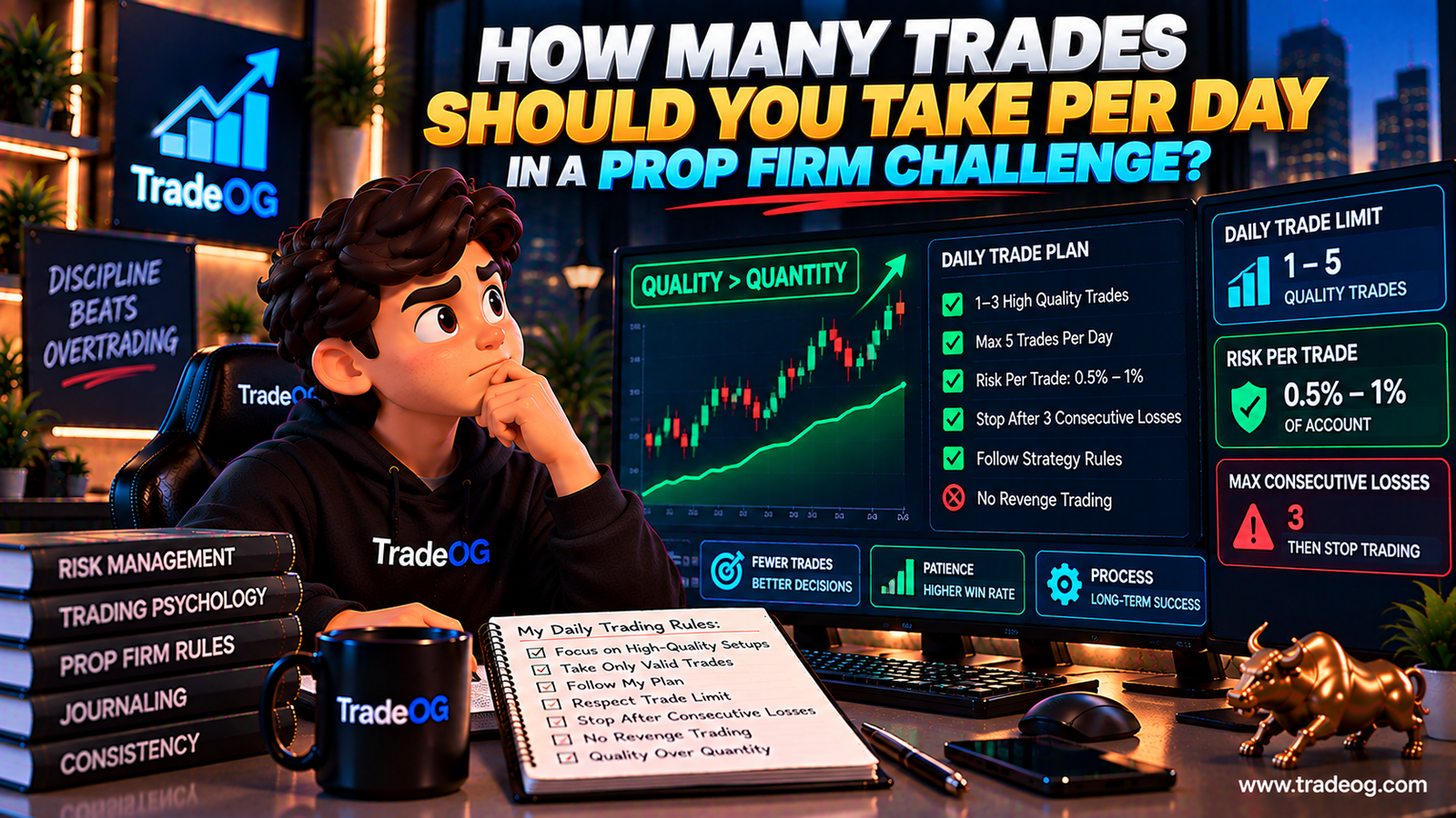 3D illustration showing daily trade limits, risk management and disciplined trading in a prop firm challenge