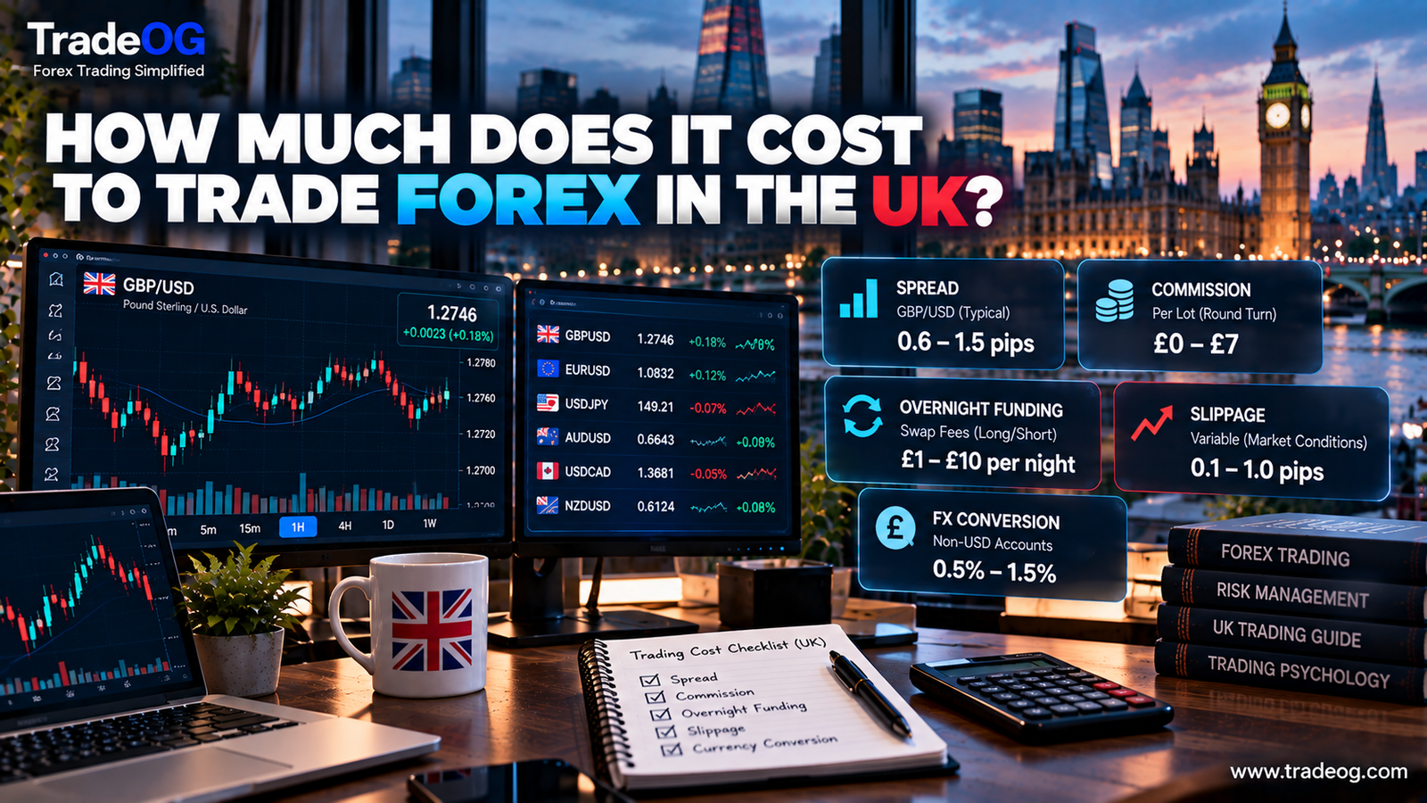 How much does it cost to trade forex in the UK showing spreads commissions overnight funding slippage and currency conversion