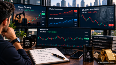 Trading desk showing crude oil, inflation expectations, Treasury yields, US Dollar Index and XAU/USD charts to explain how oil prices can indirectly influence gold trading